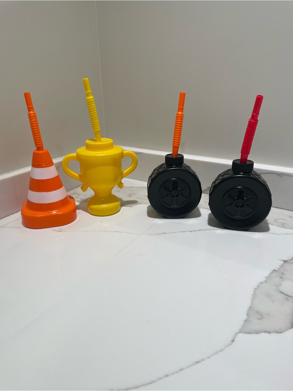 Kids Toy Trophy, Traffic Cone & Wheels Drink Set - Yellow, Orange, Black